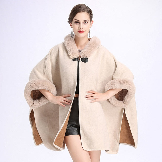 SC127 2018 Winter Warm Plus Size Fashion Two Used Poncho Faux Cashmere Shawl Women Imitation Rabbit Fur Cardigan Coat With Hat