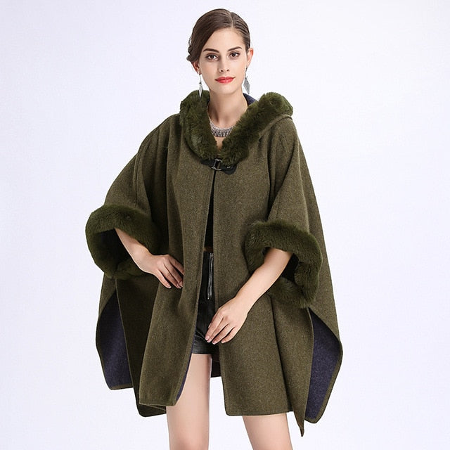 SC127 2018 Winter Warm Plus Size Fashion Two Used Poncho Faux Cashmere Shawl Women Imitation Rabbit Fur Cardigan Coat With Hat