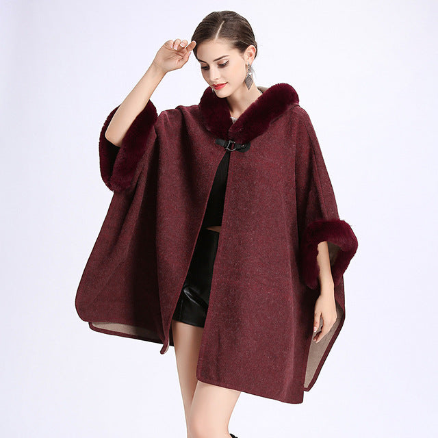 SC127 2018 Winter Warm Plus Size Fashion Two Used Poncho Faux Cashmere Shawl Women Imitation Rabbit Fur Cardigan Coat With Hat