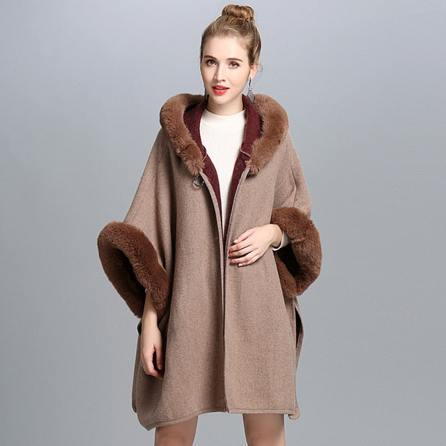SC127 2018 Winter Warm Plus Size Fashion Two Used Poncho Faux Cashmere Shawl Women Imitation Rabbit Fur Cardigan Coat With Hat