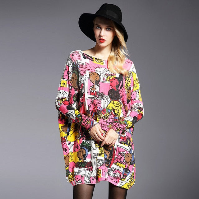 Autumn Oversized Tops Women Fashion Sweaters Shirt O-neck Long Sleeve Print Pullovers Sweater Female Loose Knit Sweaters
