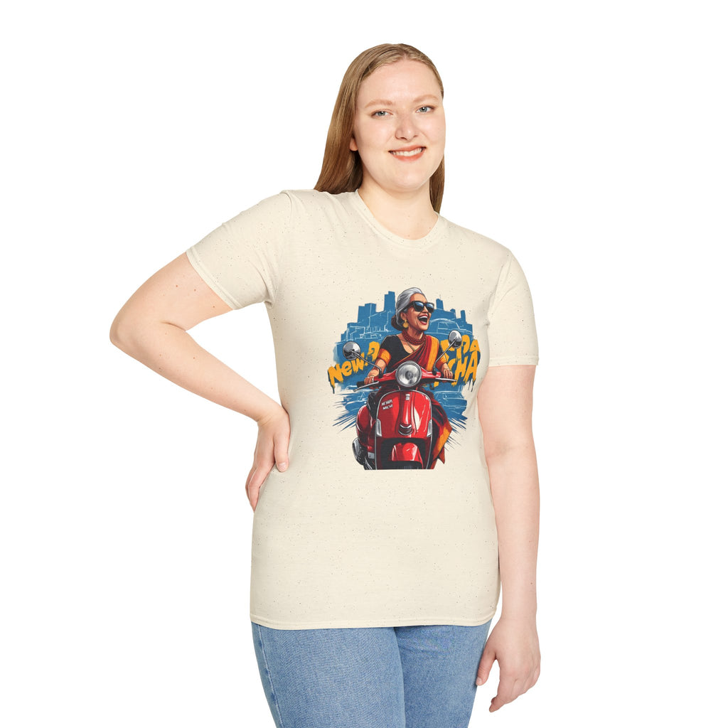 Newa Maicha Riding Scooter T-Shirt – Newari Woman in New York Graphic Tee, Cultural & Urban Design