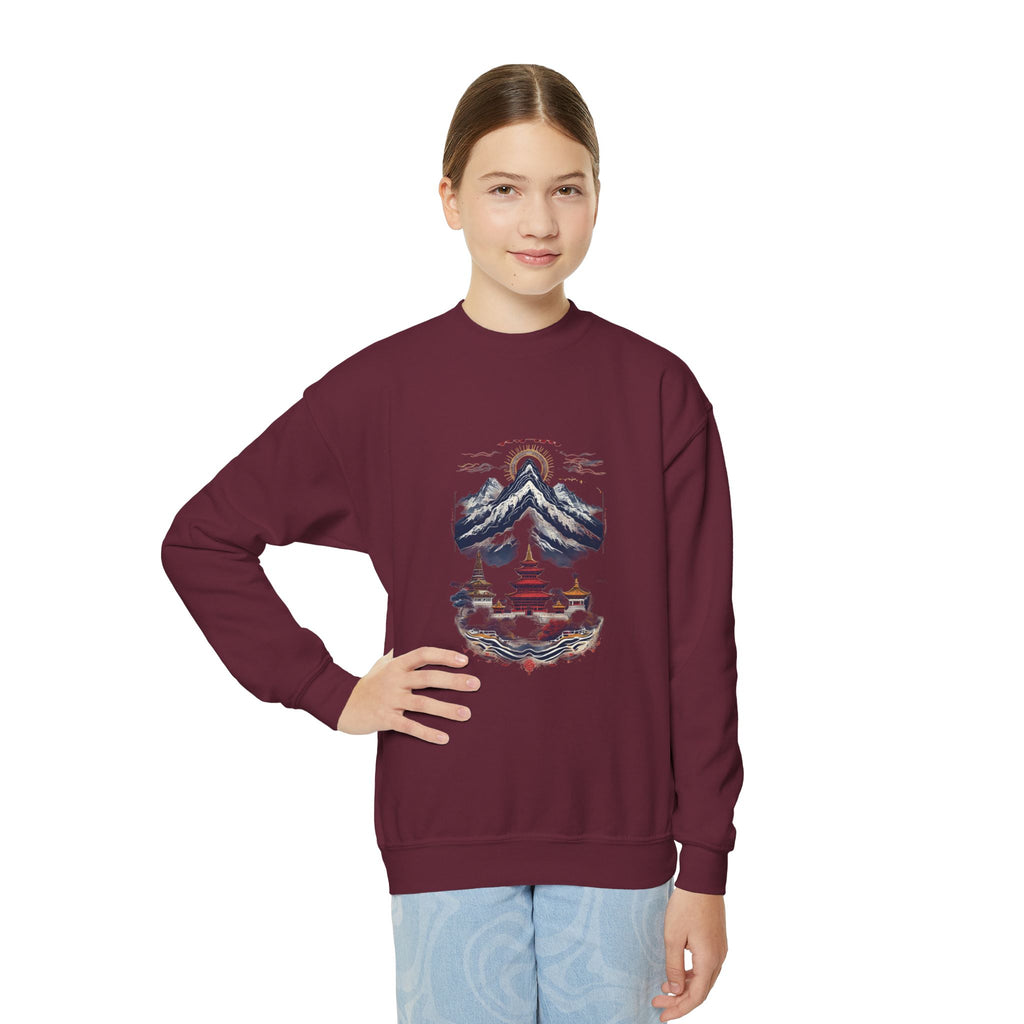 Youth Mountain Holiday Crewneck Sweatshirt — Cozy Winter Tree Graphic
