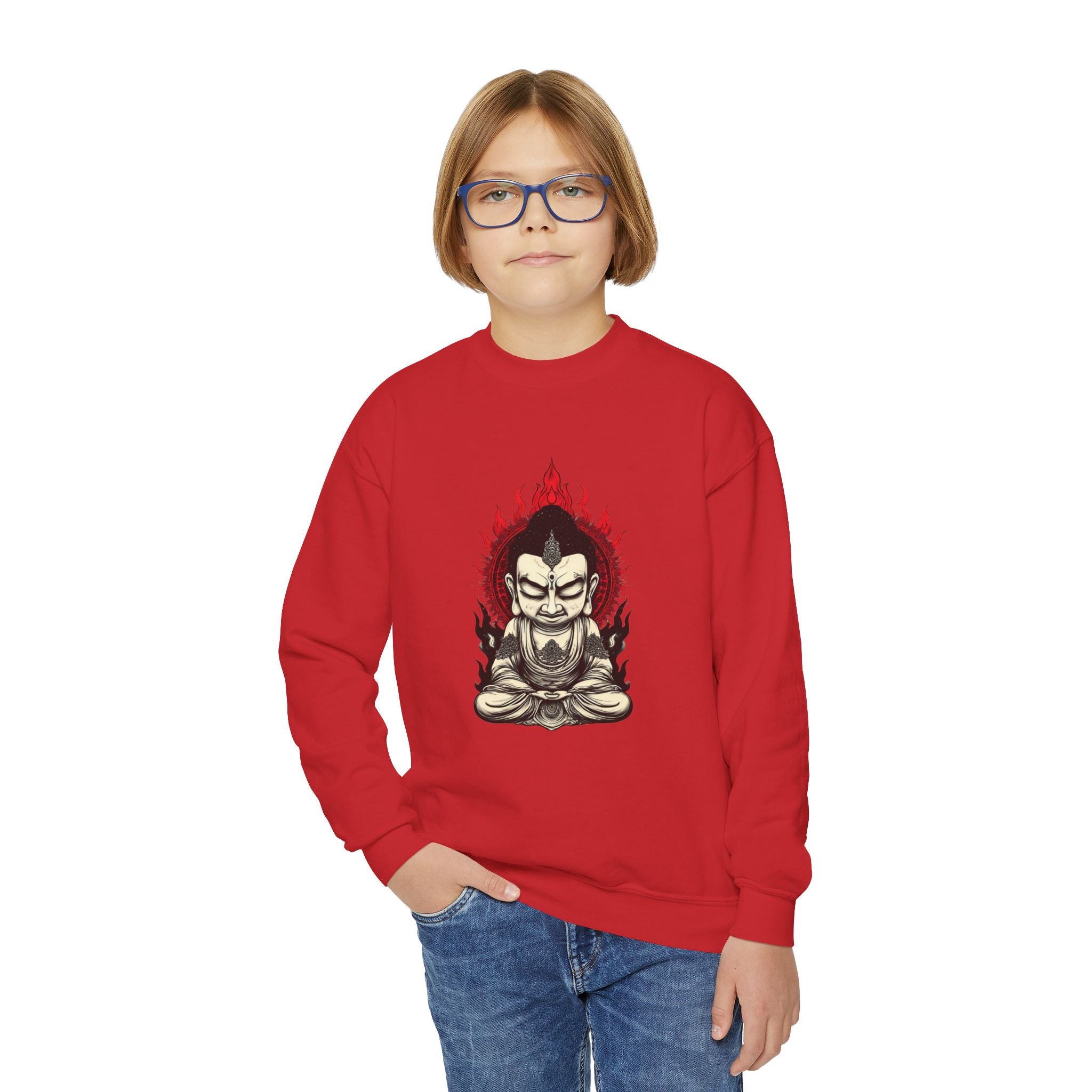 Flaming Meditating Buddha Youth Crewneck Sweatshirt — Zen Graphic Sweater for Kids
