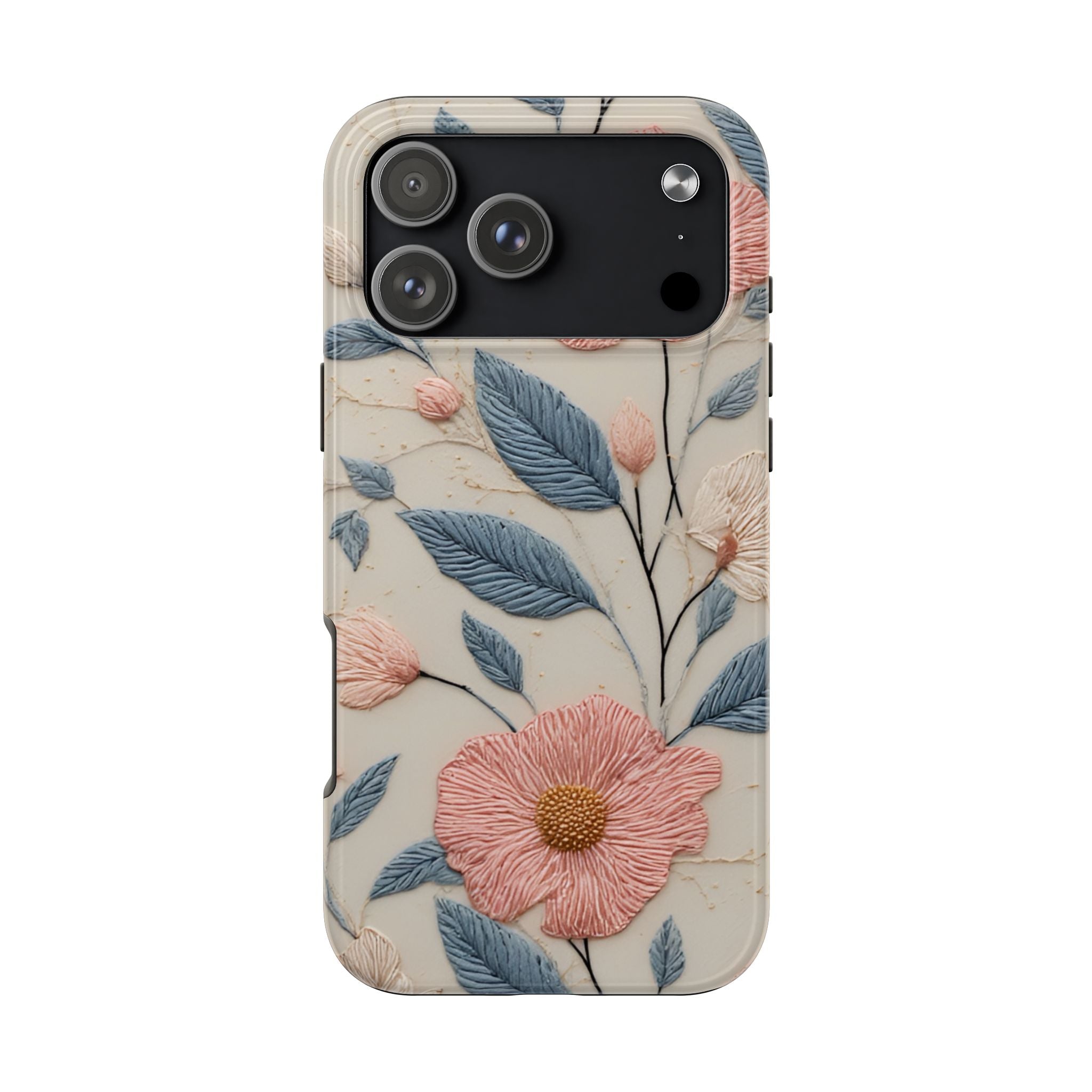 Floral Embroidered Tough Phone Case — Pink Blossom Protective Phone Cover