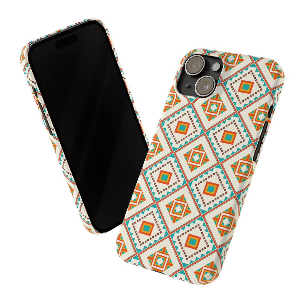 Slim Phone Case — Retro Geometric Tile Pattern (Turquoise & Orange)