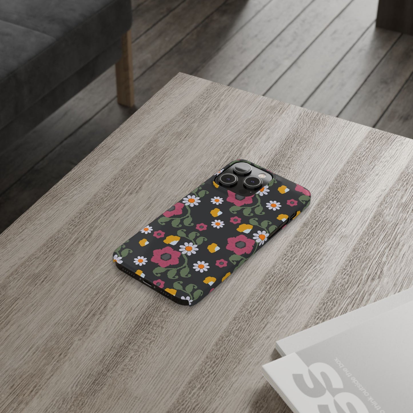 Floral Slim Phone Case, Black Flower Phone Cover, Stylish Phone Accessory, Gift for Her, Trendy Floral Case