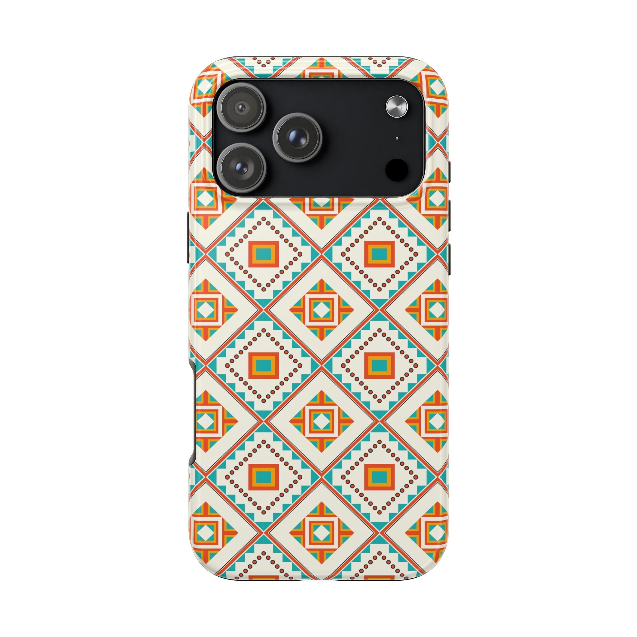 Tough Phone Case — Geometric Retro Tile Pattern, Orange & Teal Protective Cover
