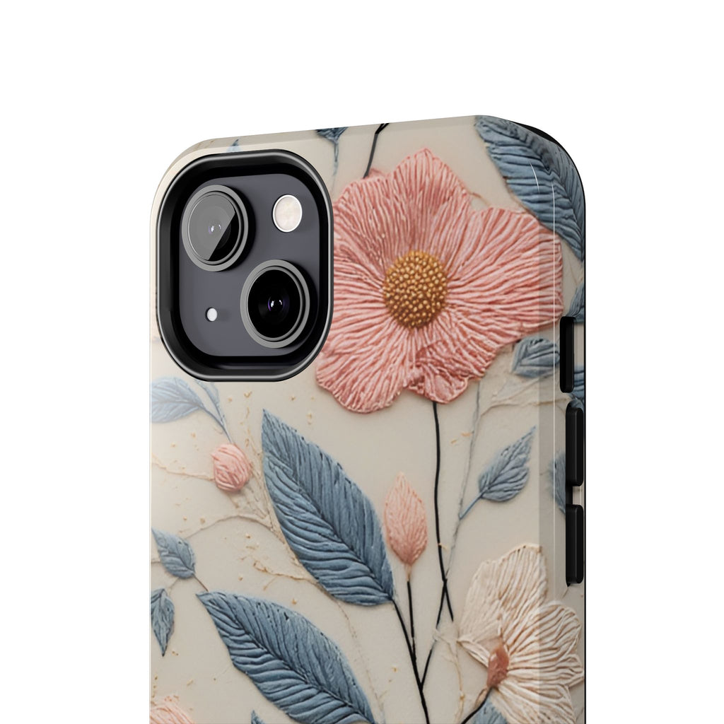 Floral Embroidered Tough Phone Case — Pink Blossom Protective Phone Cover
