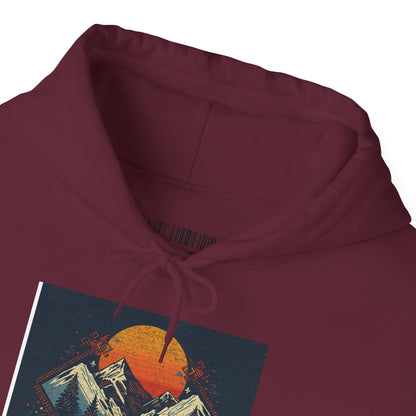 Mountain Sunset Hoodie – Retro Geometric Peaks & Rising Sun Sweatshirt