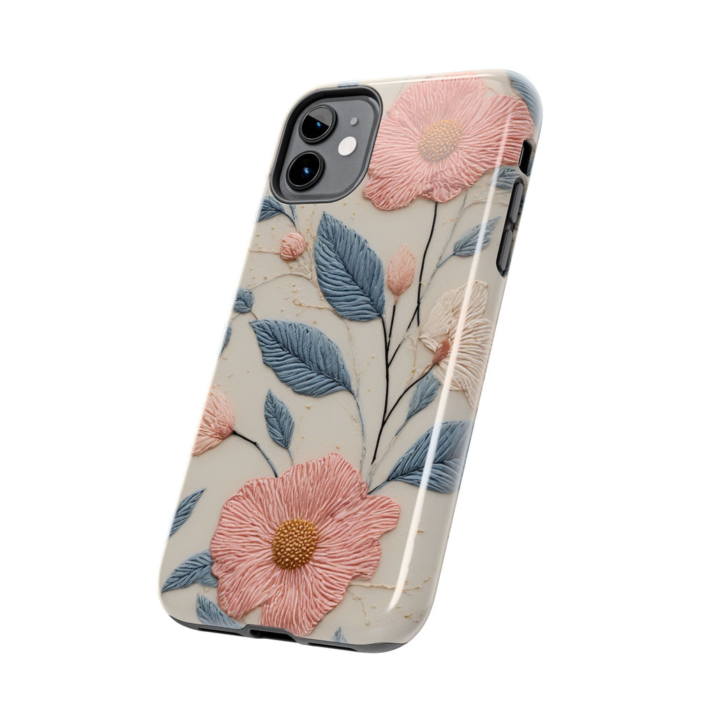 Floral Embroidered Tough Phone Case — Pink Blossom Protective Phone Cover