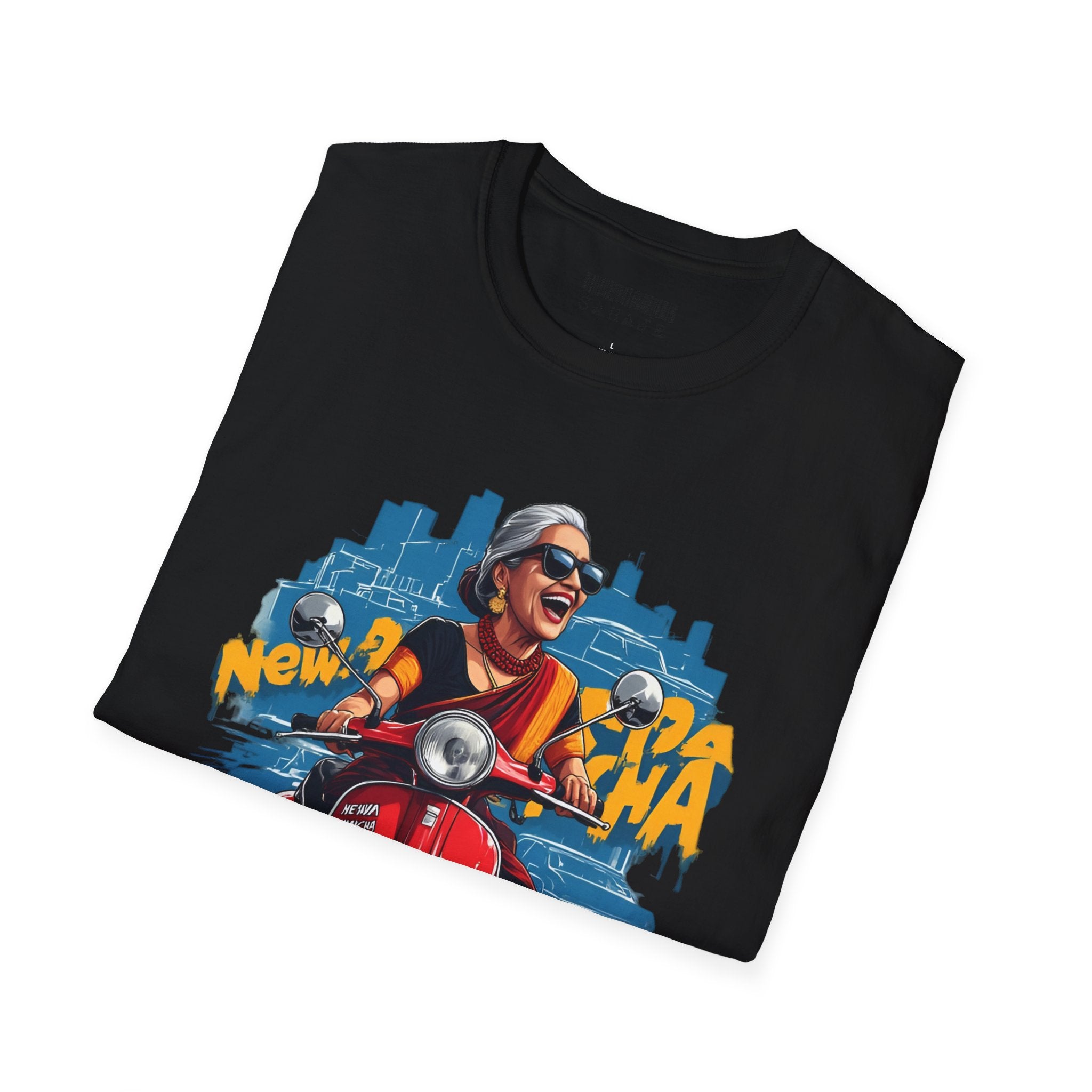 Newa Maicha Riding Scooter T-Shirt – Newari Woman in New York Graphic Tee, Cultural & Urban Design