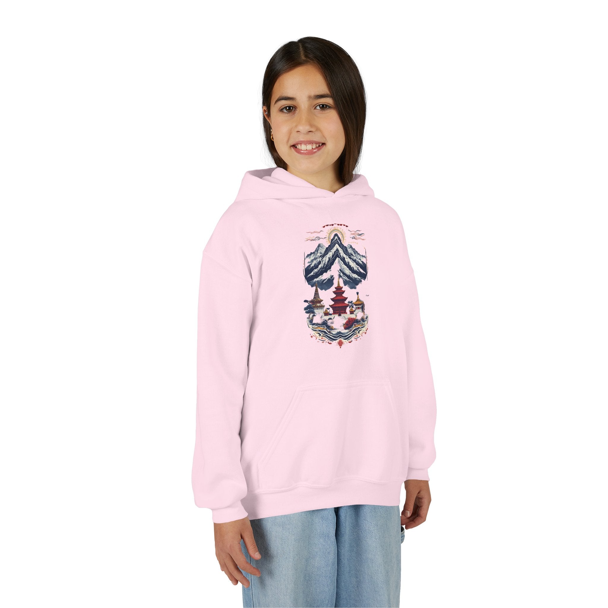 Youth Hoodie — Mountain Pagoda Watercolor Graphic (Asian Temple Winter Vibe)