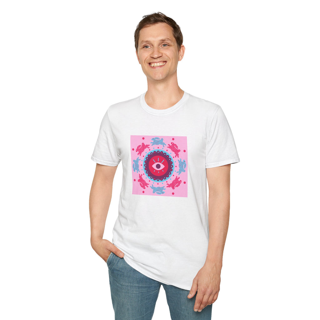 Psychedelic Eyeball Mandala T-Shirt — Pink Blue Retro Graphic Tee