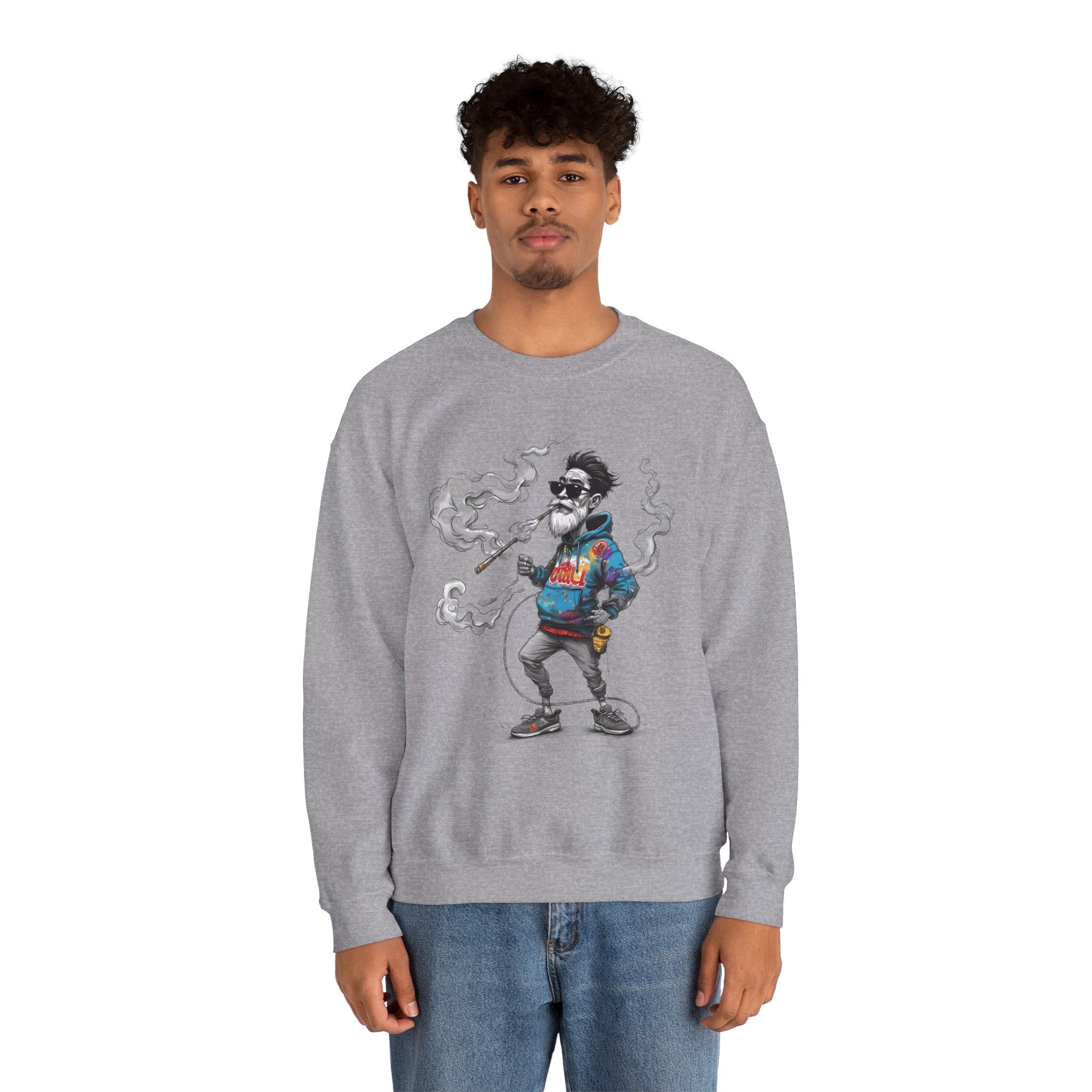 Crewneck Sweatshirt - Retro Cool Grandpa Smoking Pipe Illustration
