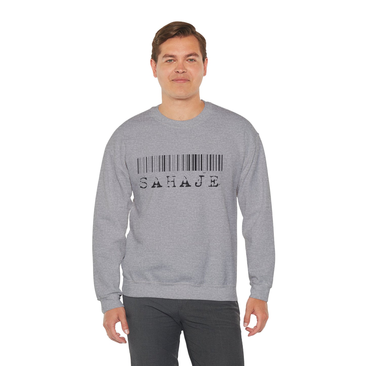 Sahaje Barcode Crewneck Sweatshirt — Minimalist White Graphic Pullover