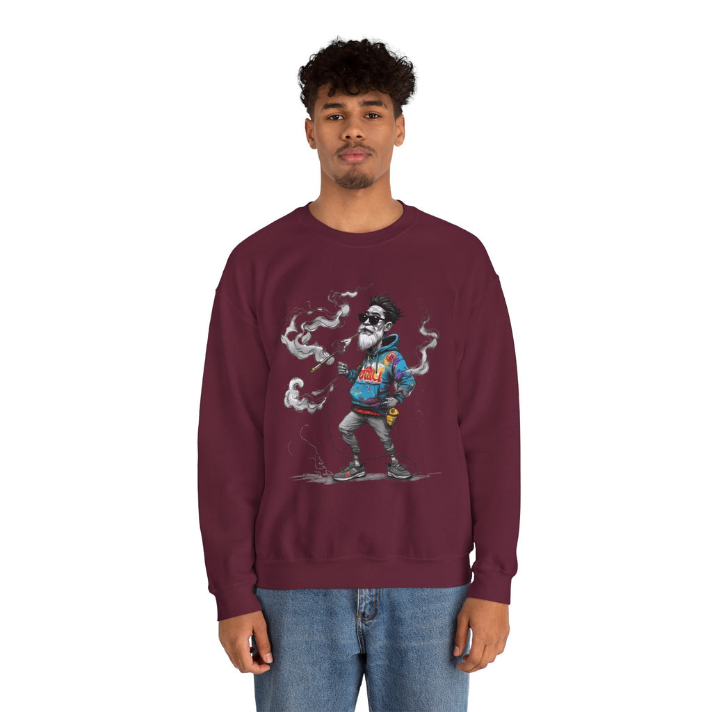 Crewneck Sweatshirt - Retro Cool Grandpa Smoking Pipe Illustration