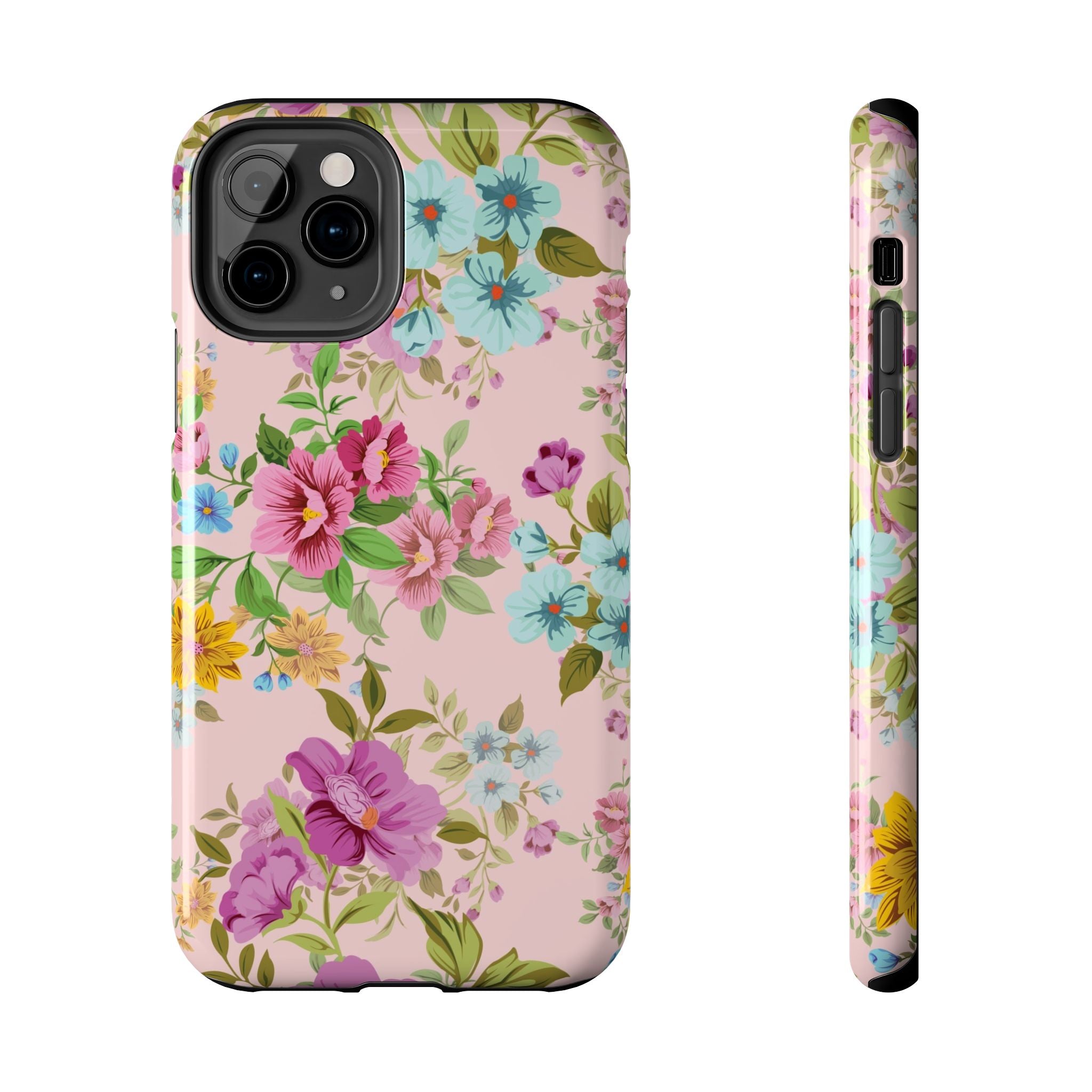 Floral Vintage Tough Phone Case — Pink Rose & Blue Blossom Protective Cover