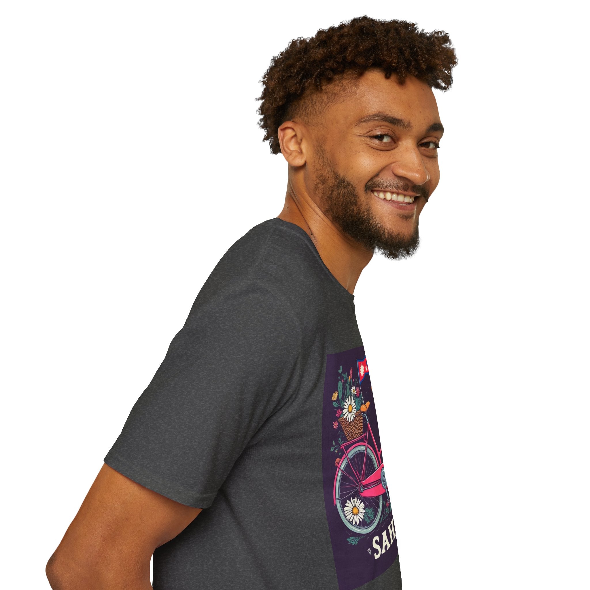 Bicycle Floral T-Shirt – Pink Bike with Baskets & "Sahaje" Text