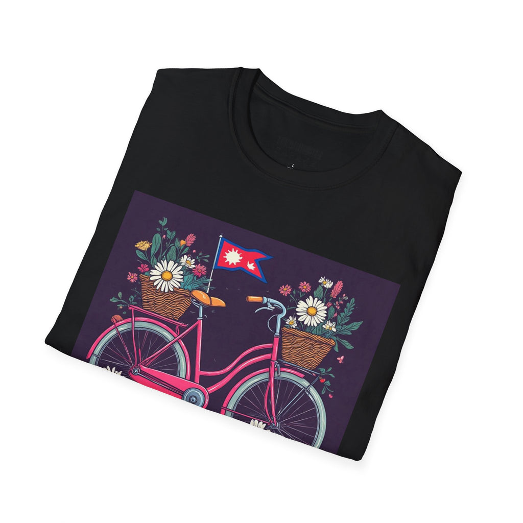 Bicycle Floral T-Shirt – Pink Bike with Baskets & "Sahaje" Text