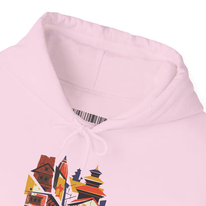 Cityscape Collage Hoodie — Colorful Urban Architecture Graphic Hoodie