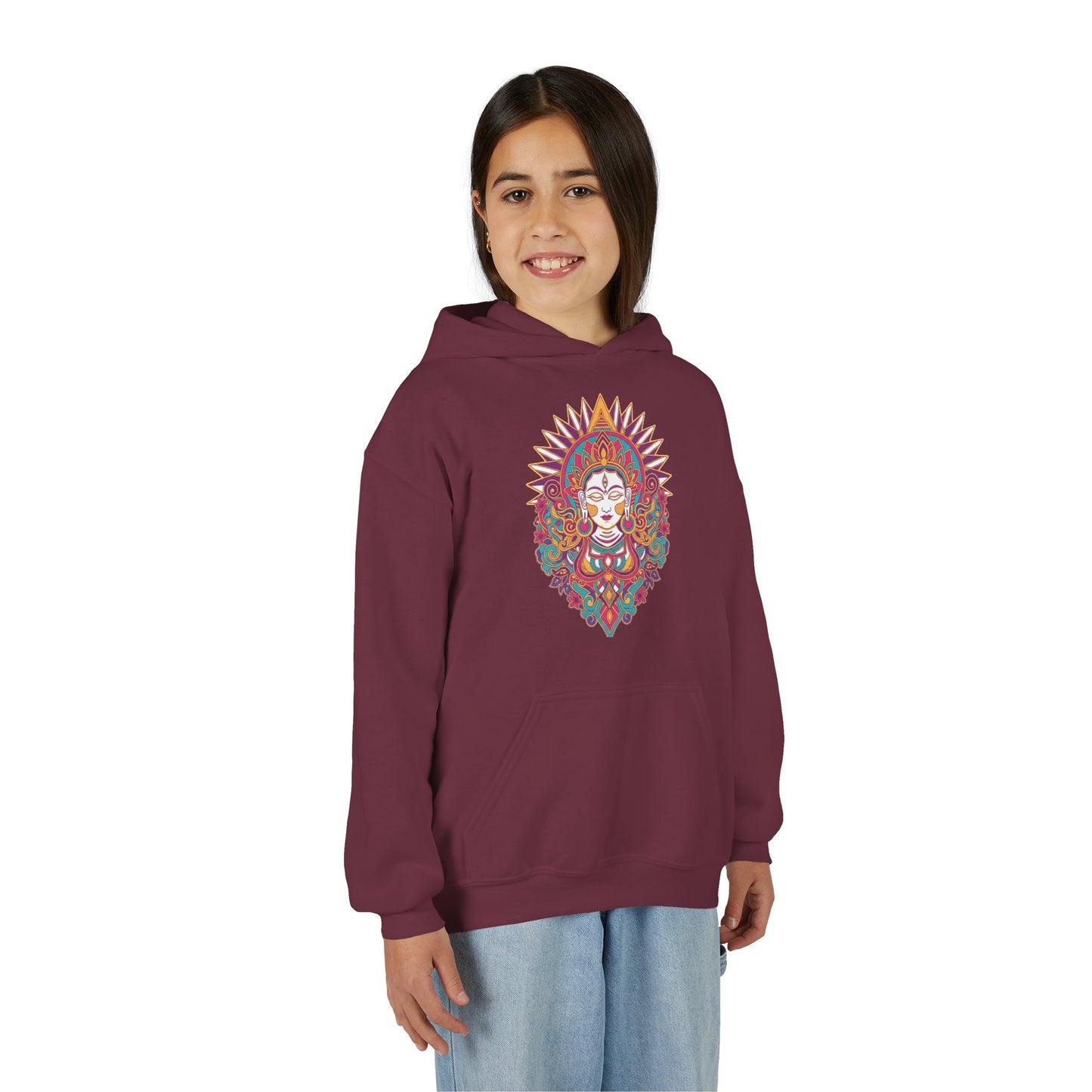 Youth Hoodie with Colorful Sugar Skull Goddess Design — Day of the Dead Kids Pullover