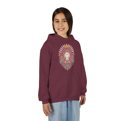 Youth Hoodie with Colorful Sugar Skull Goddess Design — Day of the Dead Kids Pullover