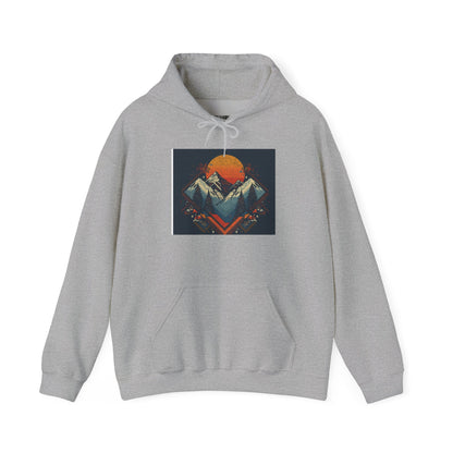 Mountain Sunset Hoodie – Retro Geometric Peaks & Rising Sun Sweatshirt