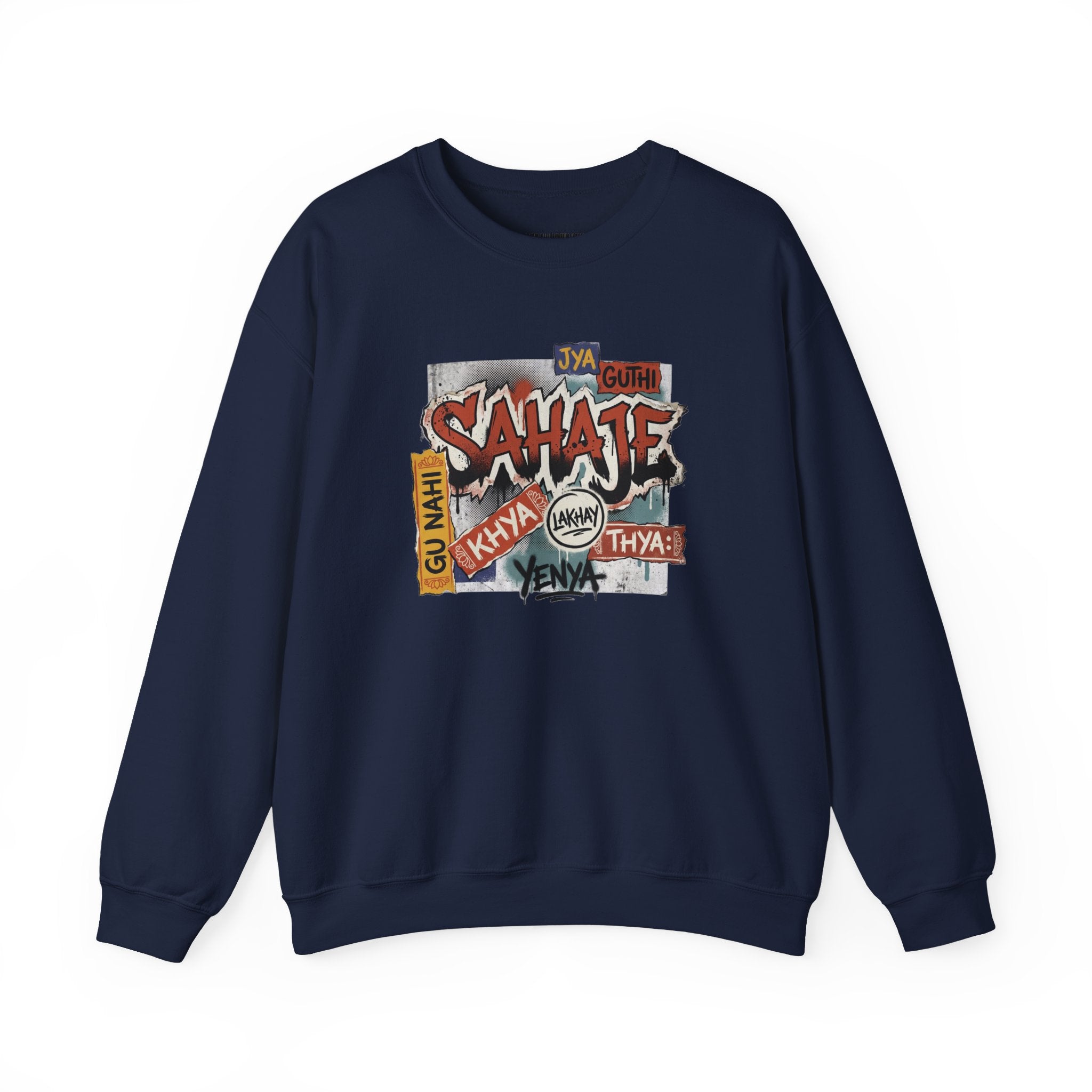 Crewneck Sweatshirt — 'Sahaje' Vintage Sticker Collage Graphic
