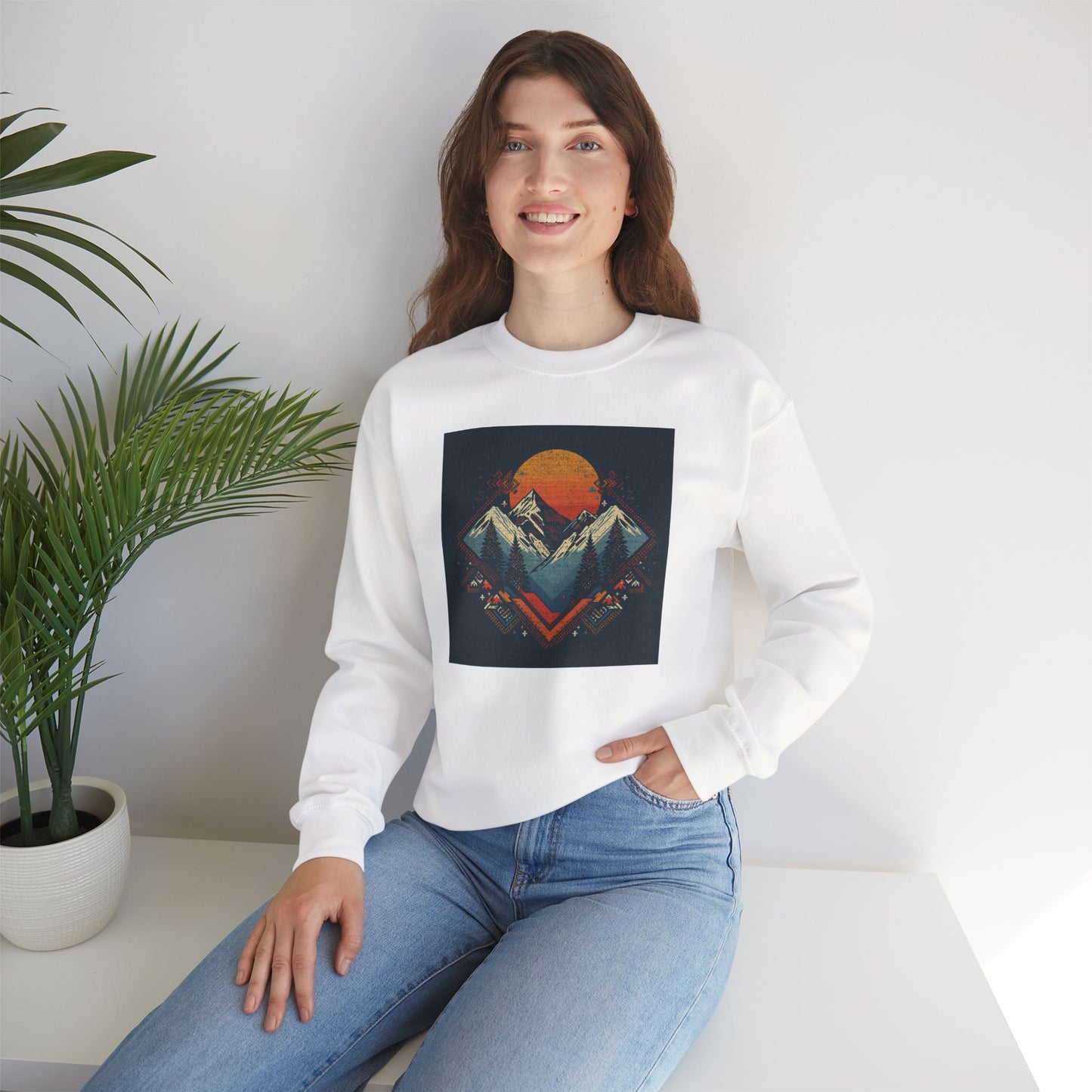 Mountain Sunset Crewneck Sweatshirt — Retro Geometric Peaks Graphic