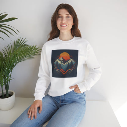 Mountain Sunset Crewneck Sweatshirt — Retro Geometric Peaks Graphic