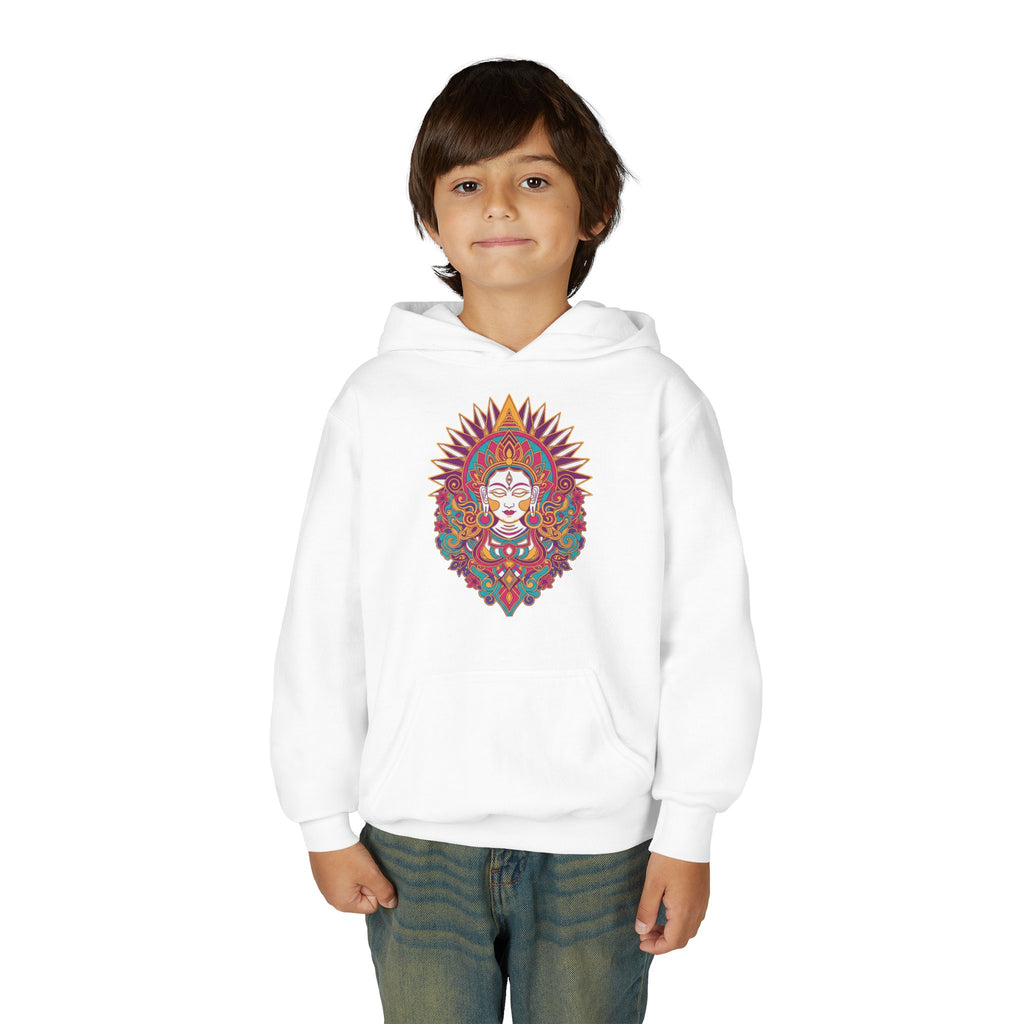 Youth Hoodie with Colorful Sugar Skull Goddess Design — Day of the Dead Kids Pullover