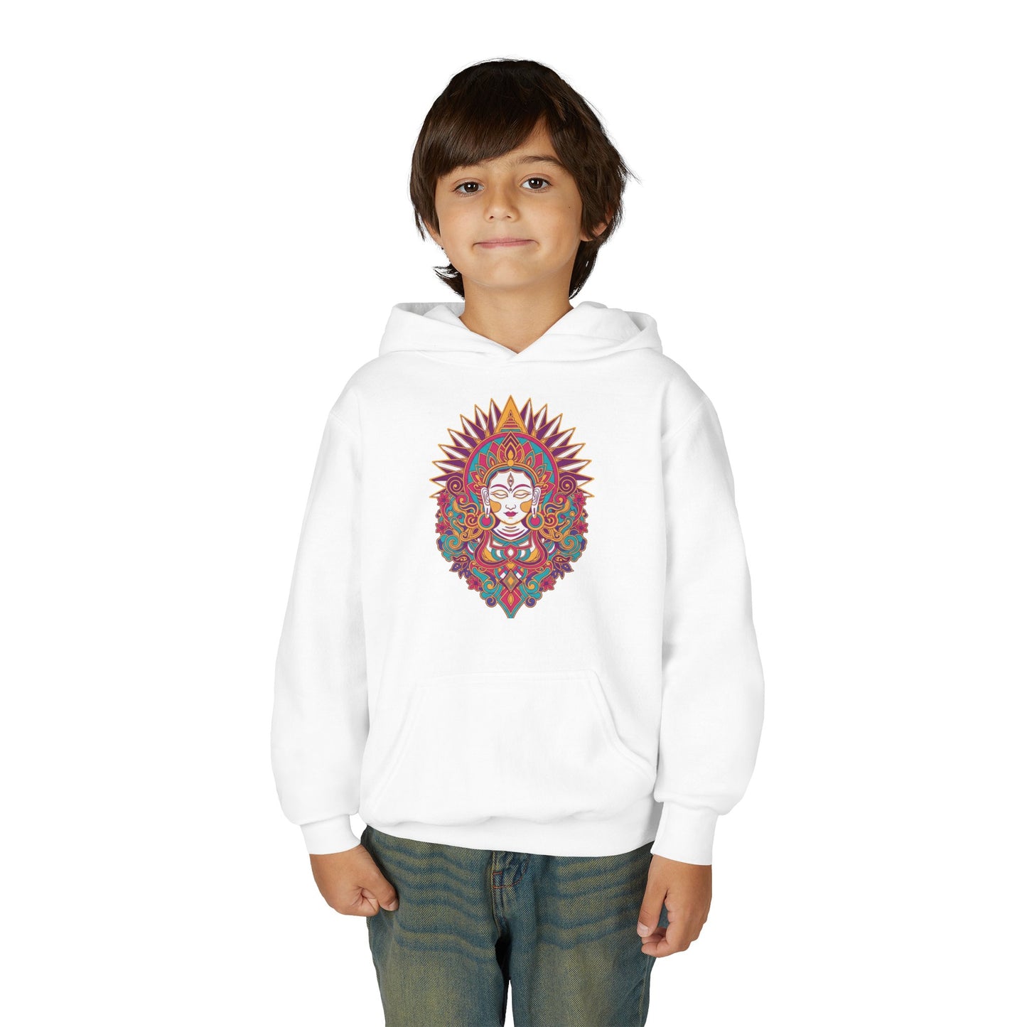 Youth Hoodie with Colorful Sugar Skull Goddess Design — Day of the Dead Kids Pullover