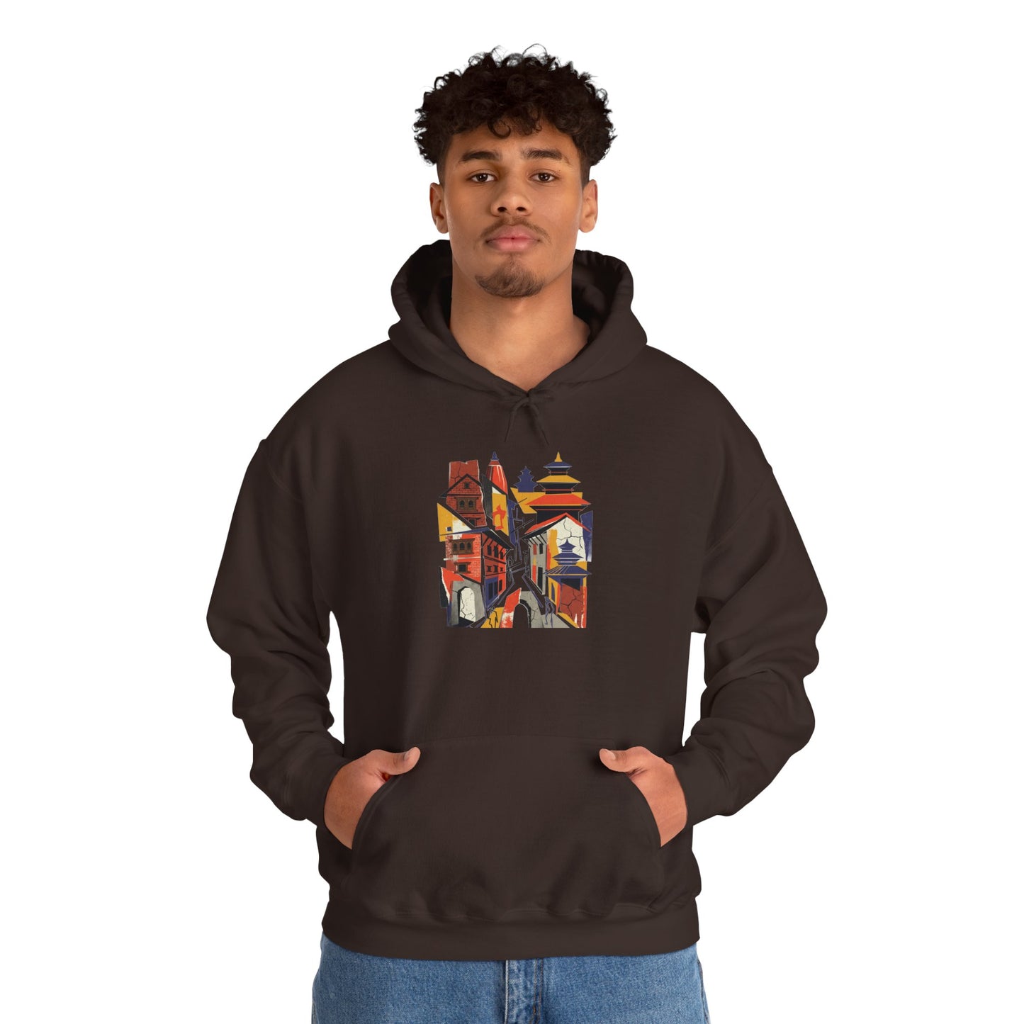 Cityscape Collage Hoodie — Colorful Urban Architecture Graphic Hoodie