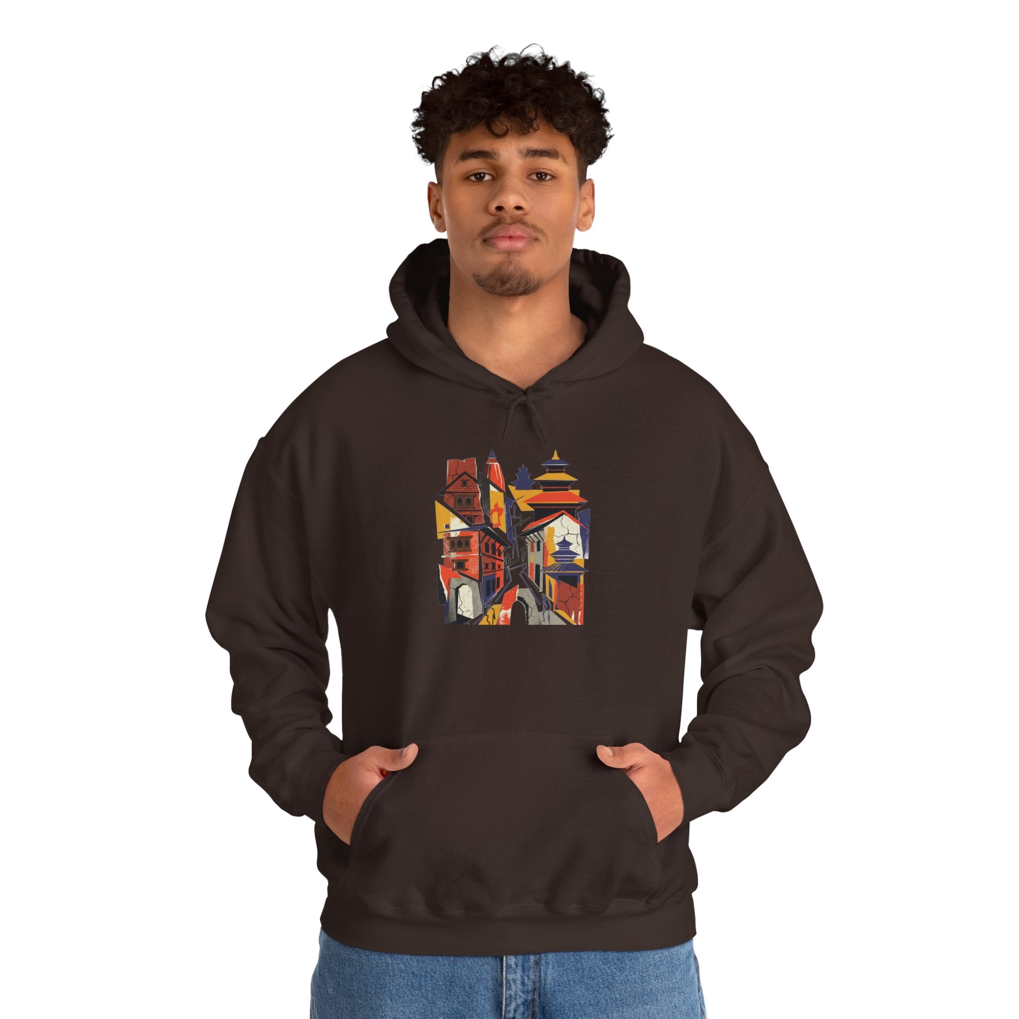 Cityscape Collage Hoodie — Colorful Urban Architecture Graphic Hoodie