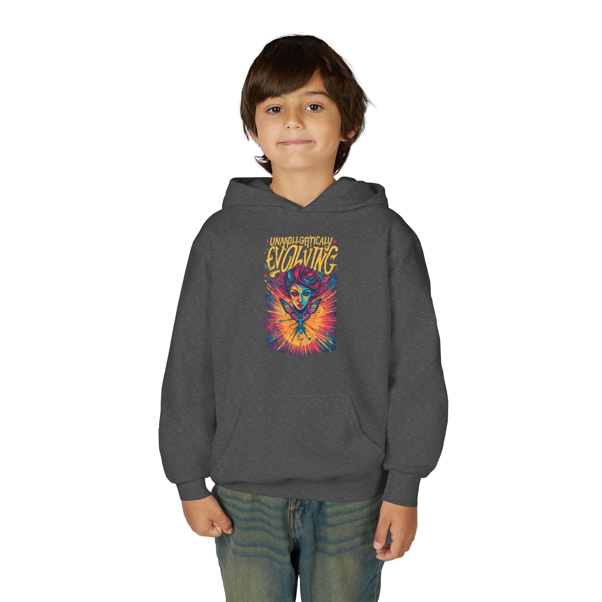 Youth Hoodie — Vibrant 'Evolving' Butterfly Girl Graphic Sweatshirt