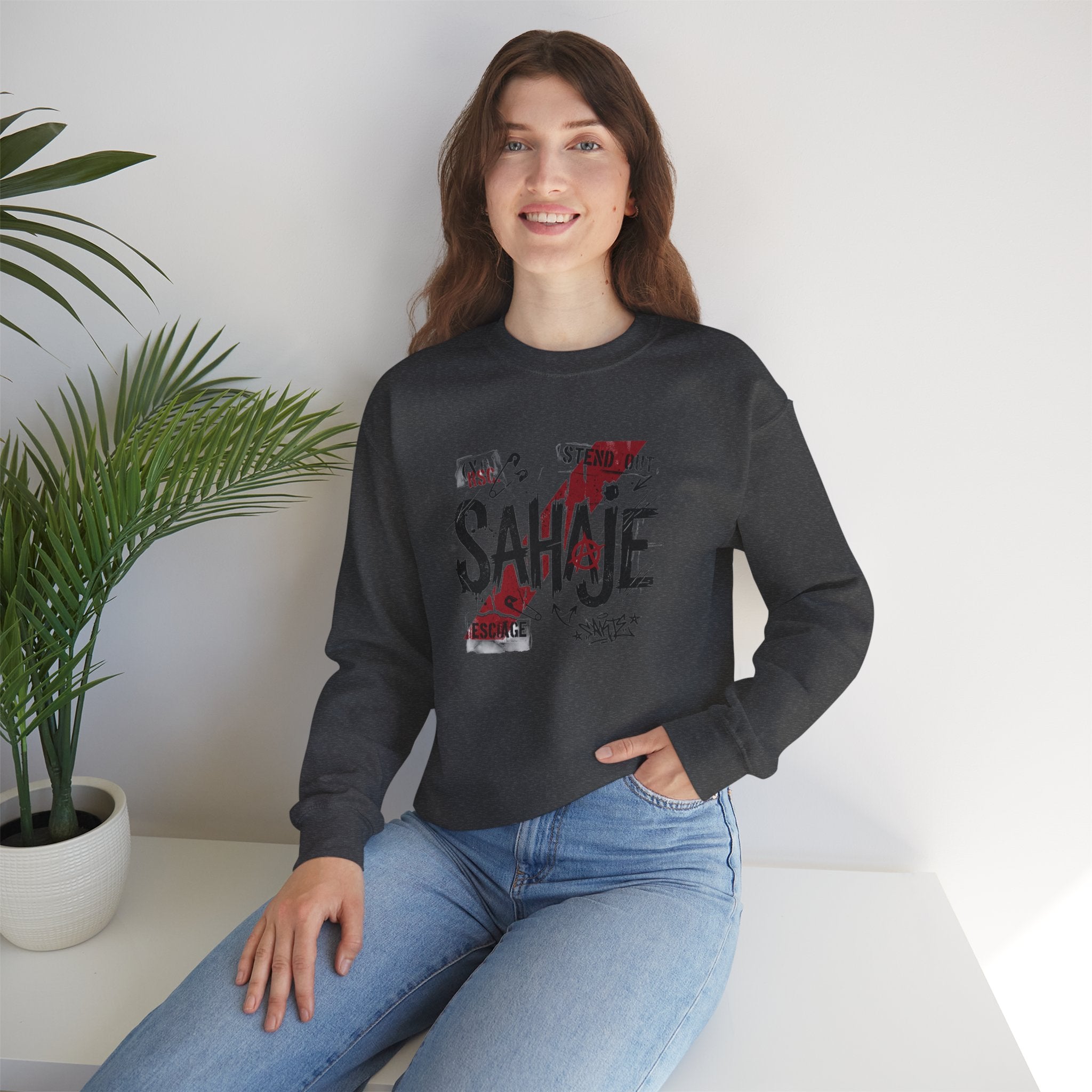 Crewneck Sweatshirt — 'Sahaje' Distressed Script Graphic