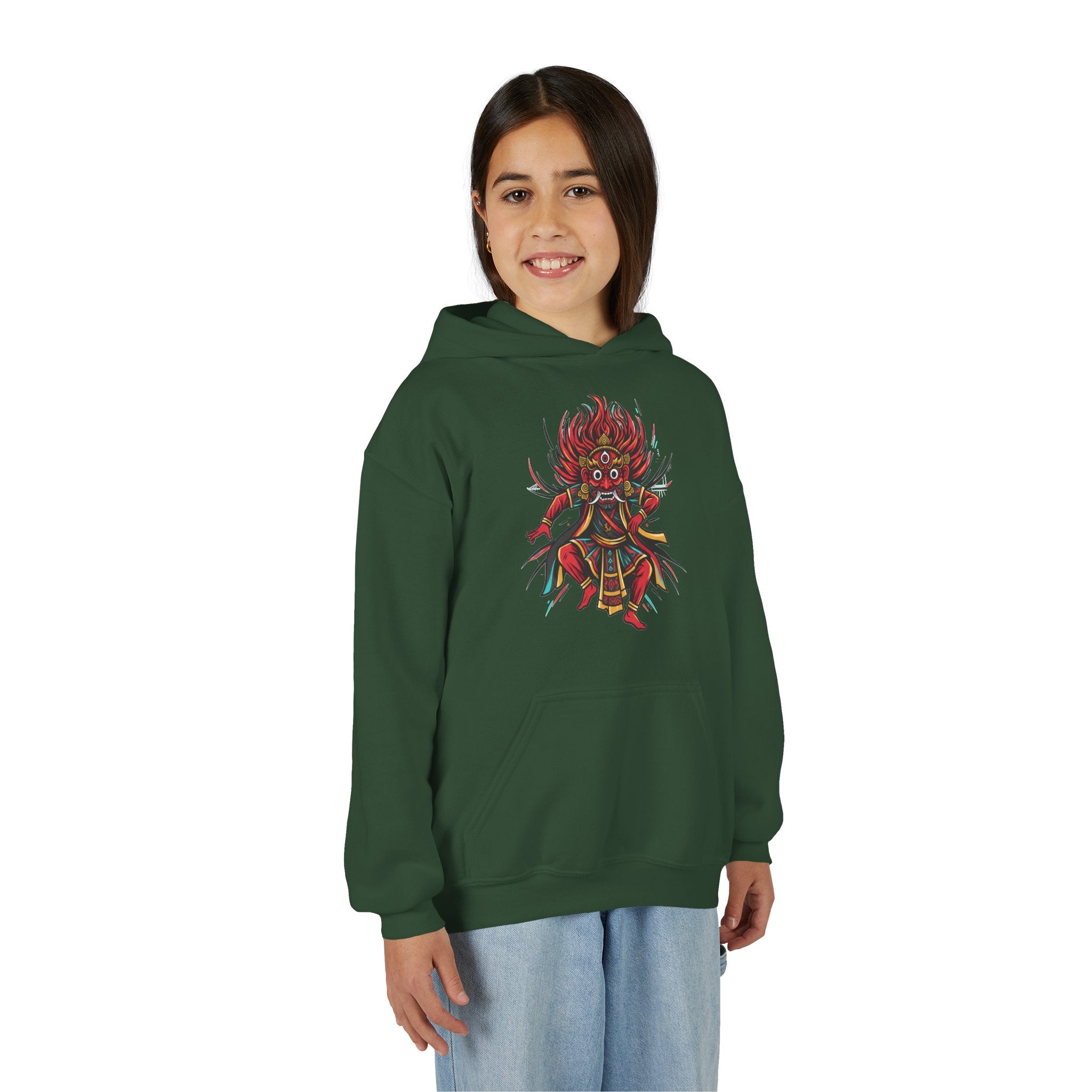 Youth Hoodie — Colorful Mythical Demon Mask Graphic