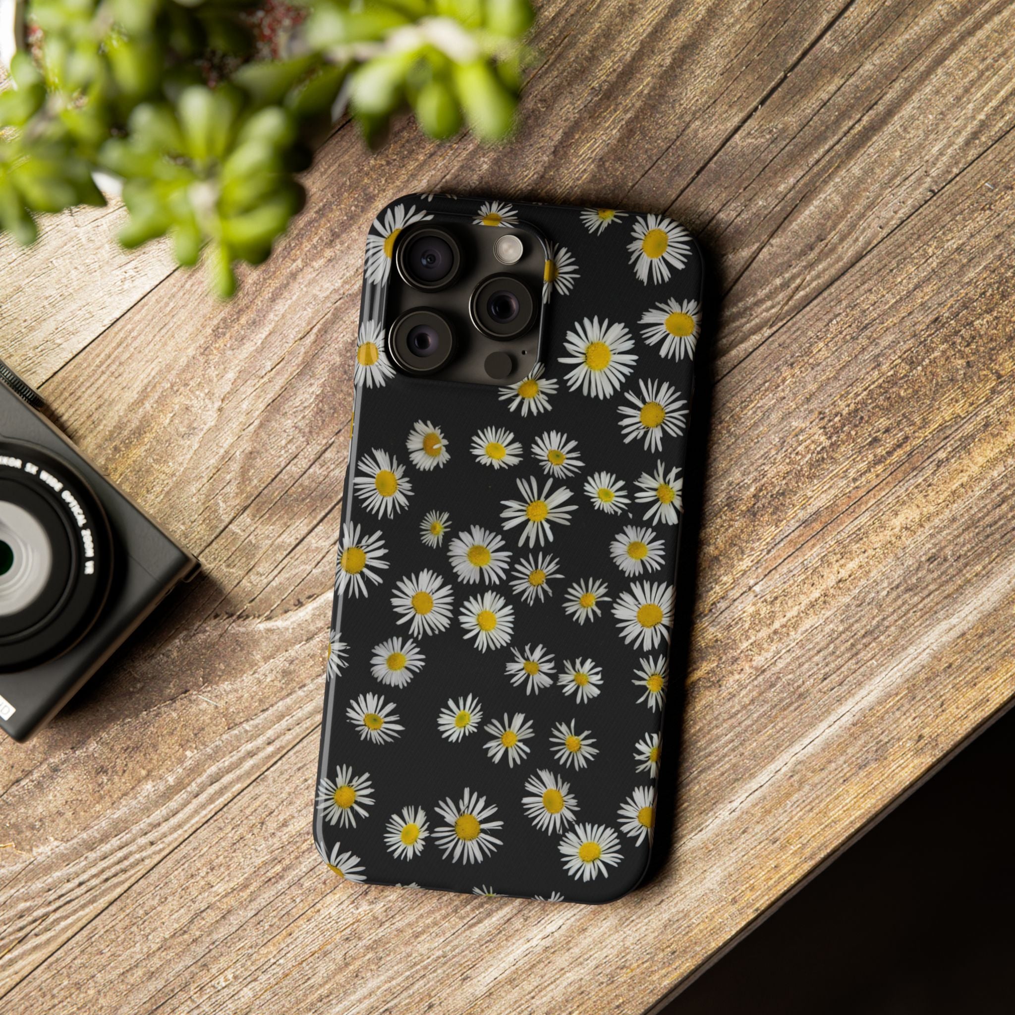 Daisy Pattern Slim Phone Case — Black Background Floral iPhone Case