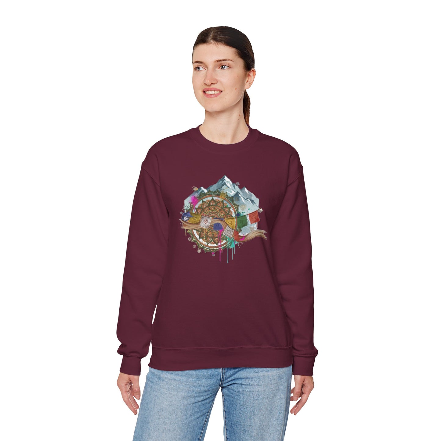 Adventure Mountain Crewneck Sweatshirt — Colorful Hiking Compass & Peaks Design