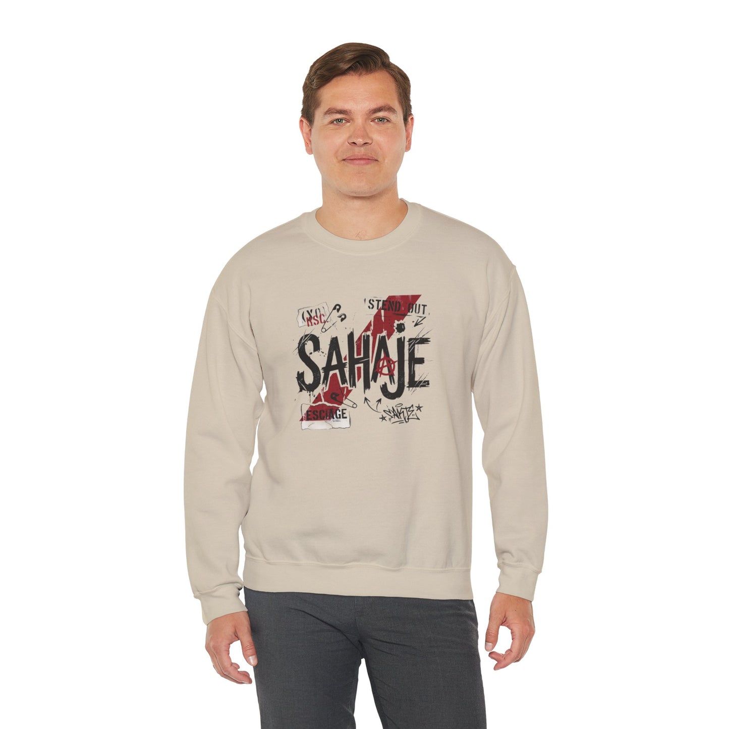 Crewneck Sweatshirt — 'Sahaje' Distressed Script Graphic