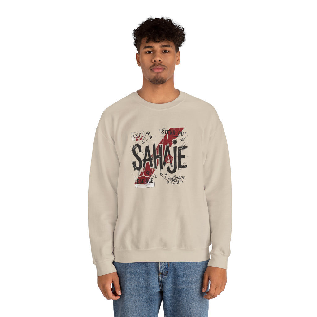 Crewneck Sweatshirt — 'Sahaje' Distressed Script Graphic