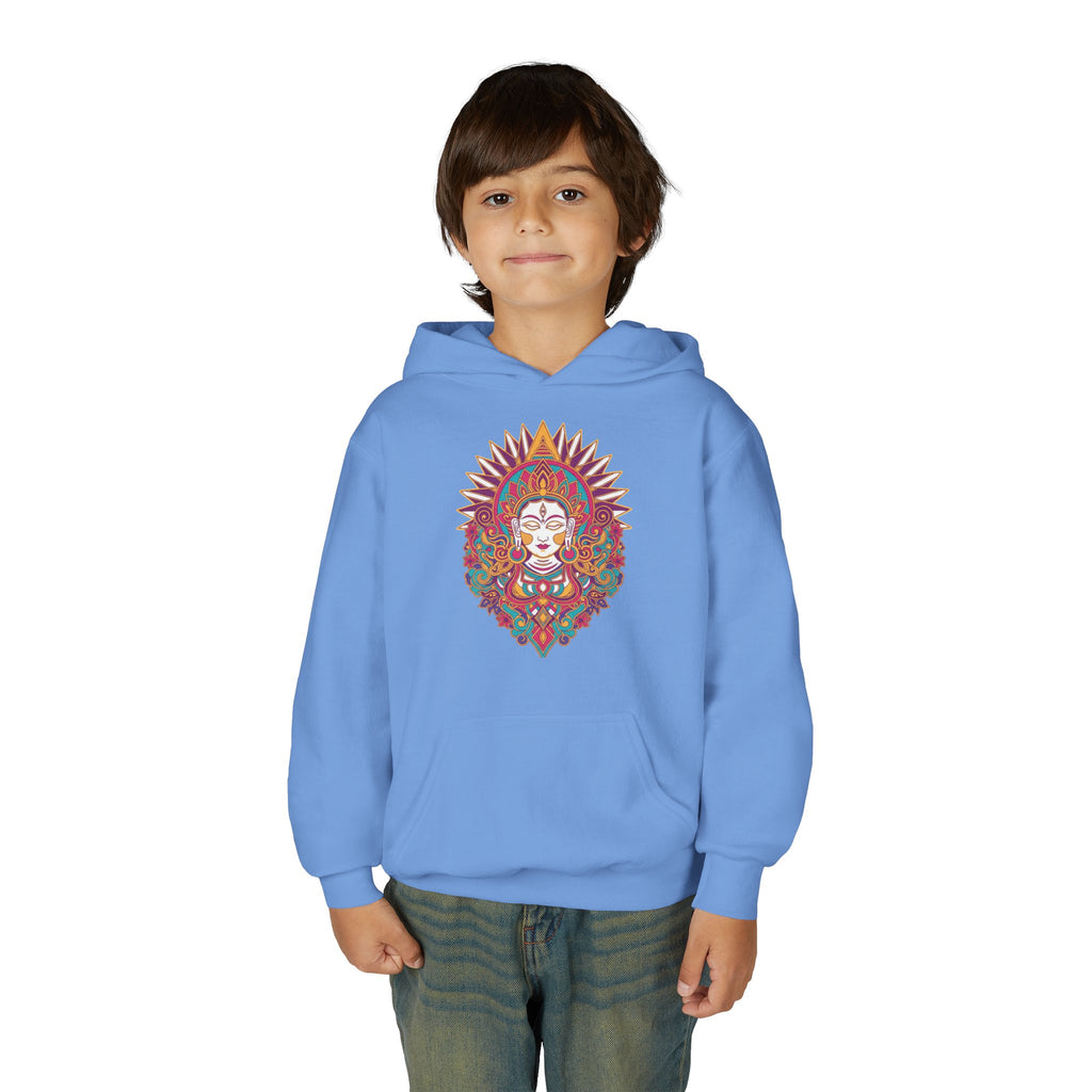 Youth Hoodie with Colorful Sugar Skull Goddess Design — Day of the Dead Kids Pullover