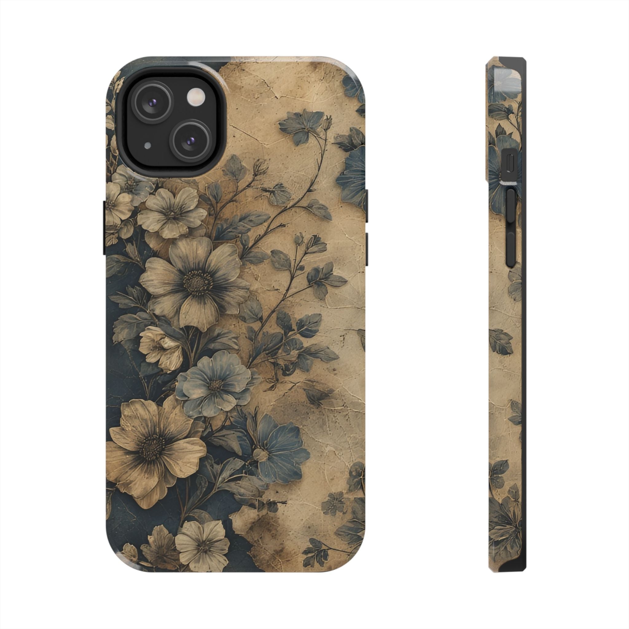 Vintage Floral Tough Phone Case — Antique Beige & Navy Protective Cover