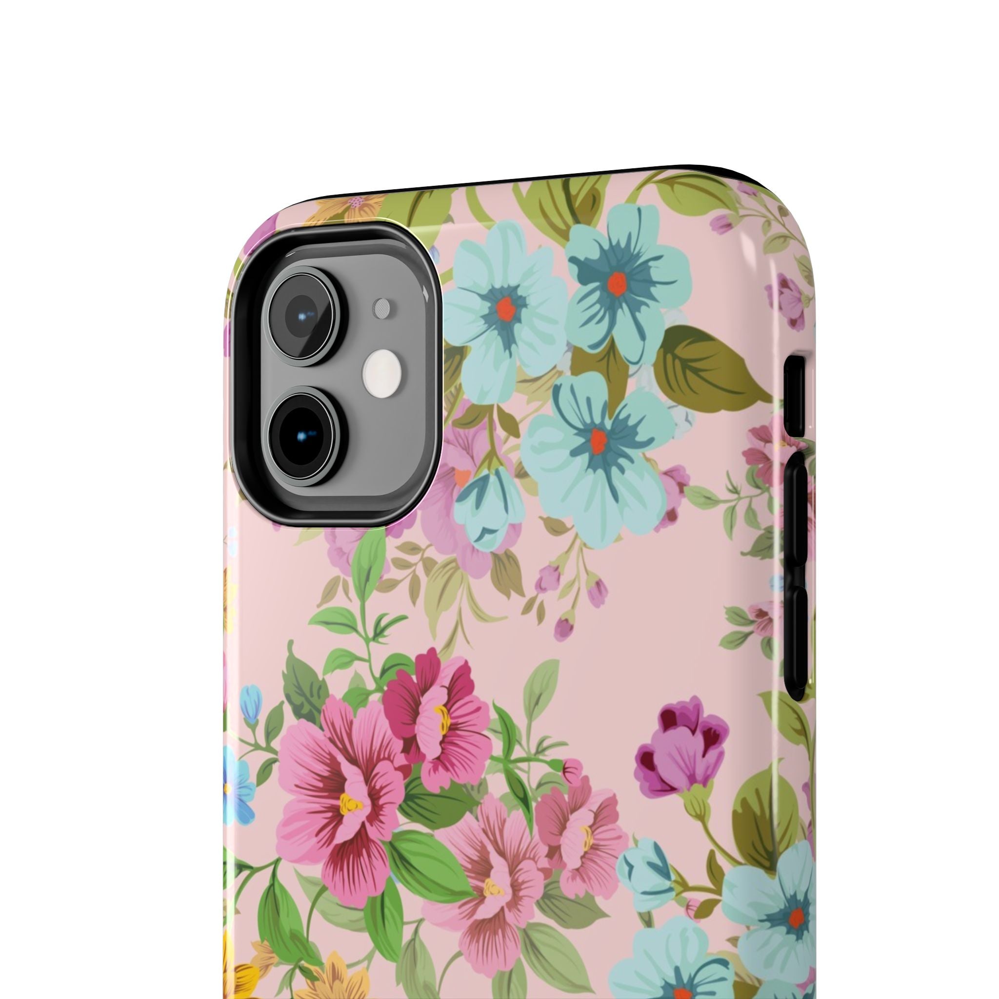 Floral Vintage Tough Phone Case — Pink Rose & Blue Blossom Protective Cover