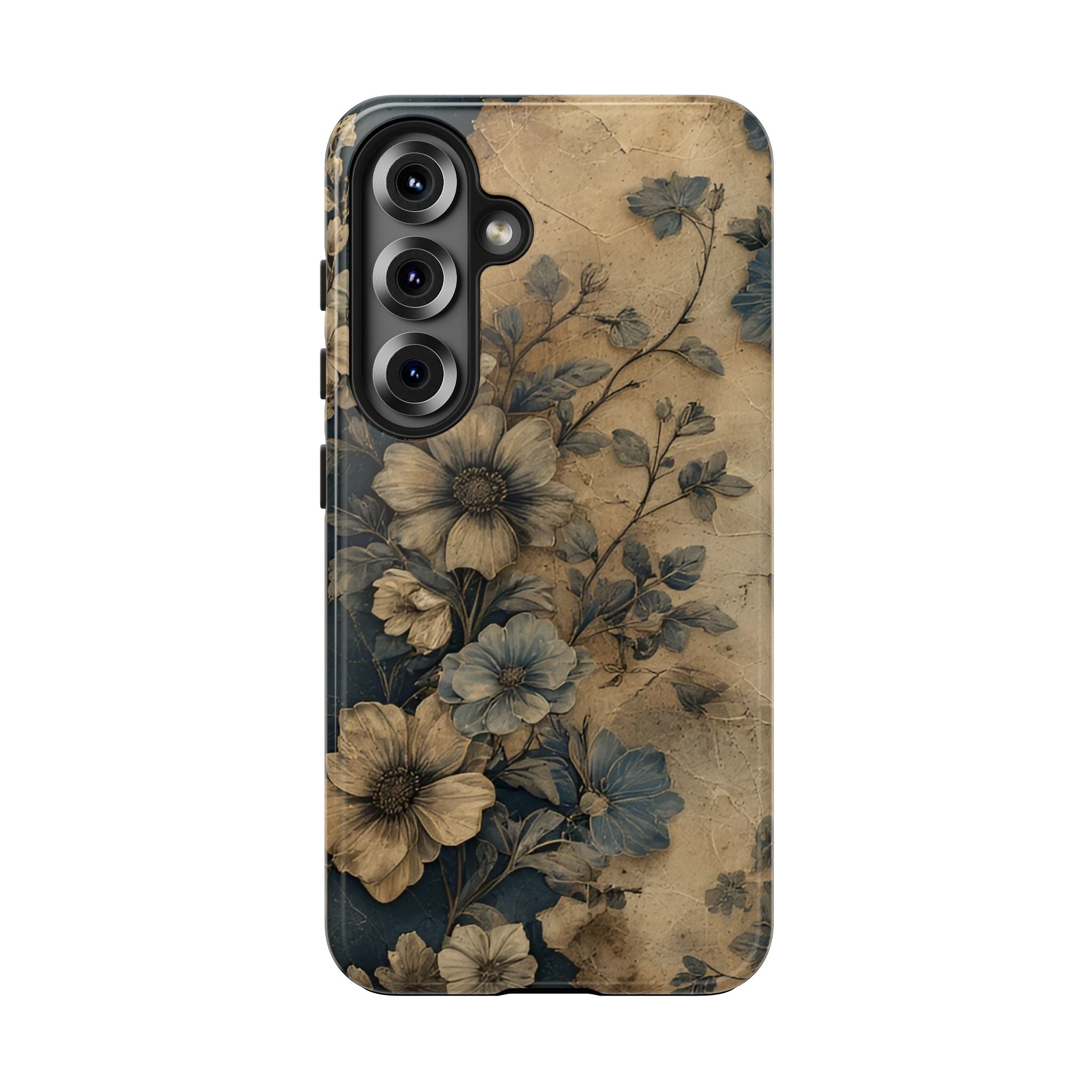 Vintage Floral Tough Phone Case — Antique Beige & Navy Protective Cover