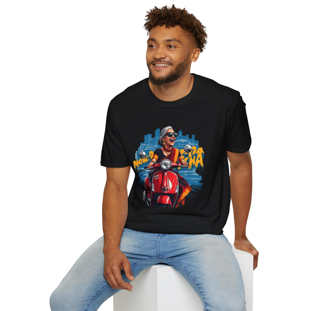 Newa Maicha Riding Scooter T-Shirt – Newari Woman in New York Graphic Tee, Cultural & Urban Design