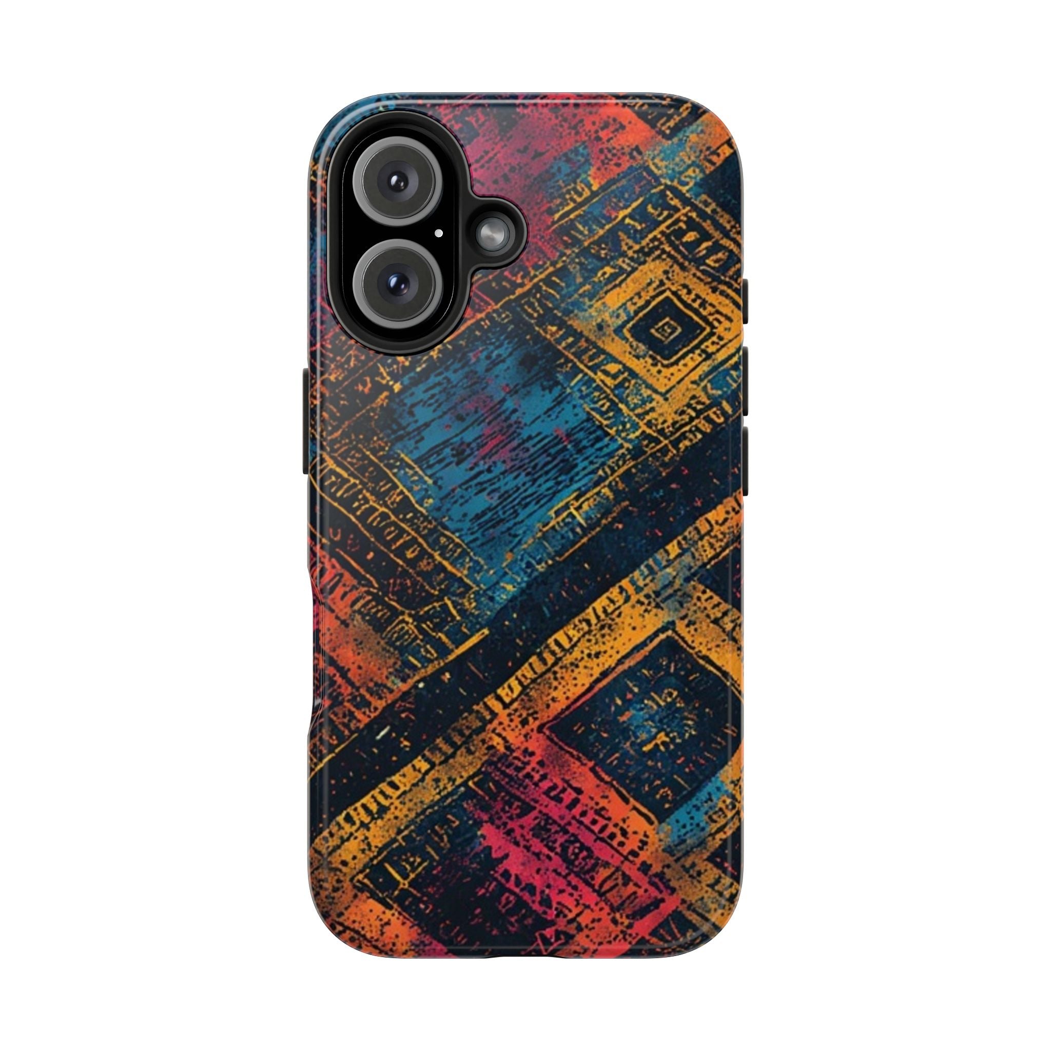 Tough Phone Case – Abstract Rustic Geometric Design (Blue, Orange, Magenta)