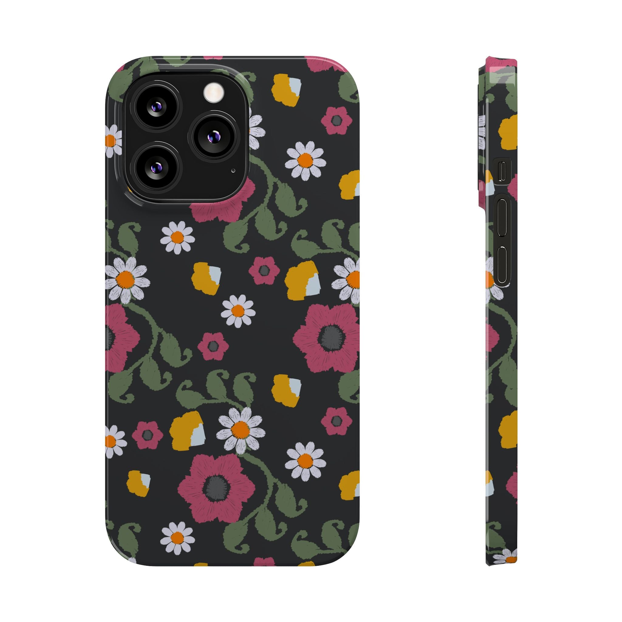 Floral Slim Phone Case, Black Flower Phone Cover, Stylish Phone Accessory, Gift for Her, Trendy Floral Case