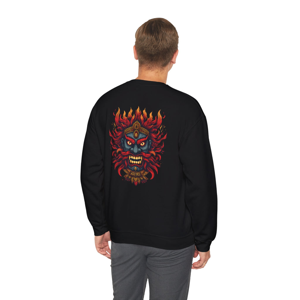 Crewneck Sweatshirt — Fiery Demon Mask Back Graphic